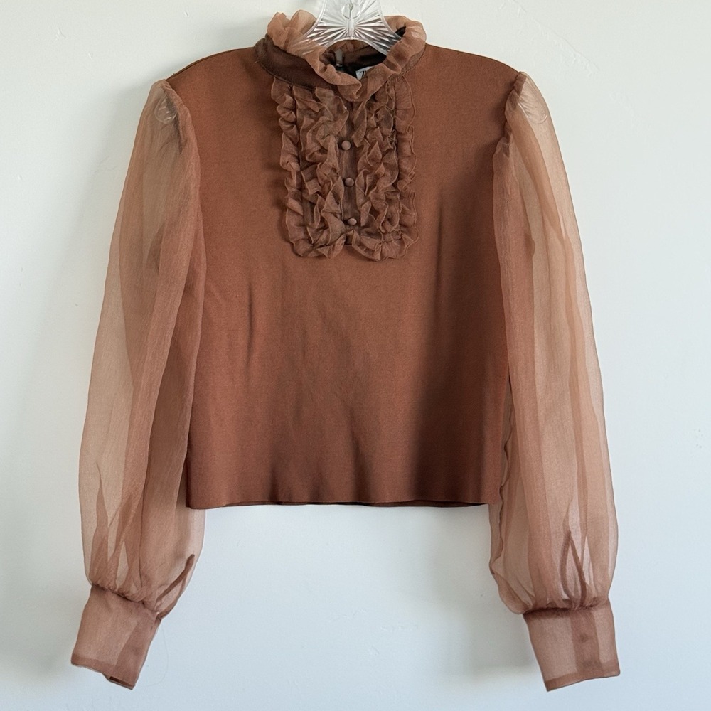 ZARA Brown/Taupe Top Organza Ruffle Woman M Poet Pirate Career Steam punk - Picture 4 of 13
